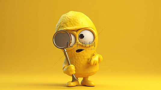 吉祥物角色拿着放大镜的 3D 渲染，站在充满活力的黄色背景上的金奖奖杯旁边