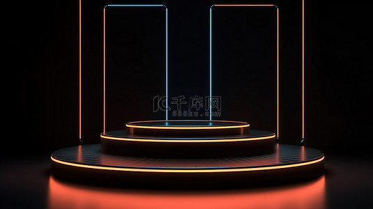 3D 渲染黑色几何背景与时尚霓虹灯照亮的讲台，用于豪华产品演示