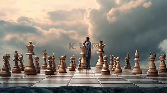 导游棋子背景图片_商人为成功制定战略，在 3D 渲染中进行概念象棋游戏