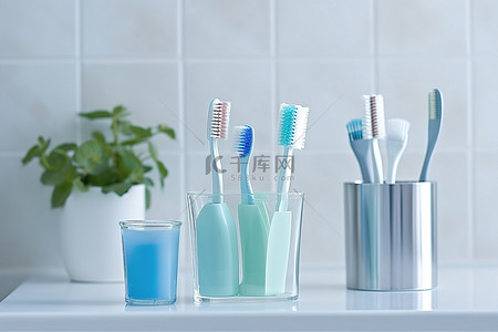 洗漱背景图片_有蓝色刷子和牙膏的浴室柜台上有牙刷
