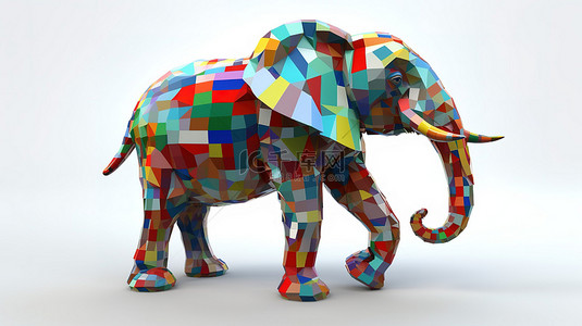 白色背景大象的彩色 3D 模型民族自豪感五彩图形特写镜头