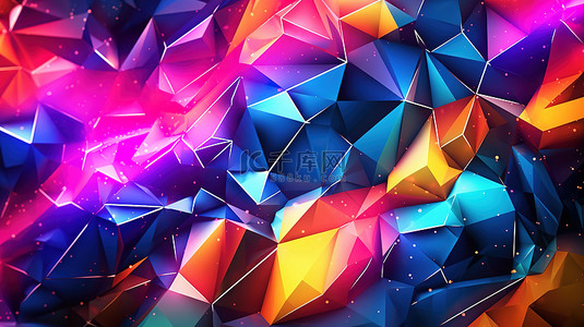 霓虹色背景图片_随机多边形形状创建霓虹色 3D 抽象背景