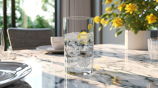 大理石桌子摆放着一杯水，在 3D 渲染的明亮房间中特写室内镜头