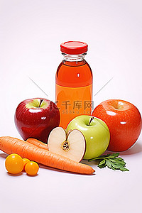 一个装有维生素以及苹果和胡萝卜的玻璃瓶