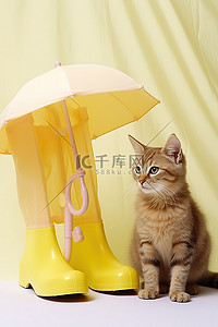 坐在天台背景图片_雨伞旁边的猫，带着雨靴和雨伞