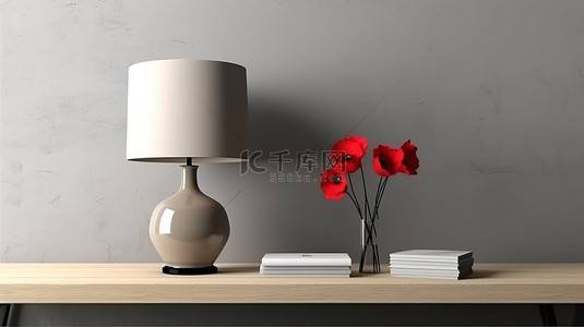 现代灰色内饰，配有木桌时尚灯和充满活力的红色花瓶 3d 渲染