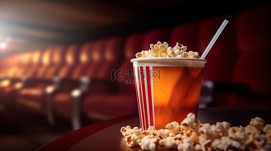 爆米花和饮料背景图片_电影院椅子的 3D 渲染，配有爆米花和饮料