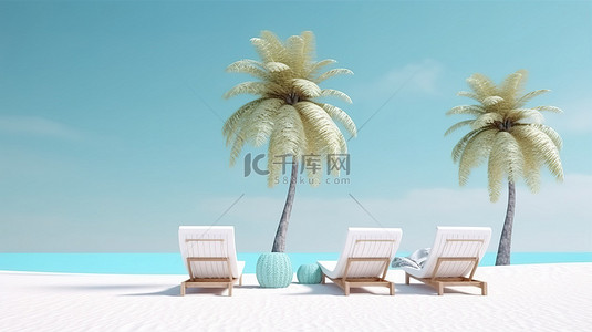 度假太阳伞背景图片_田园诗般的夏季度假胜地的 3D 插图，配有躺椅和棕榈树，非常适合轻松度假