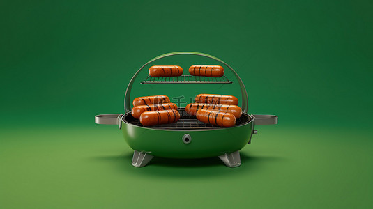充满活力的绿色烤架上的四根铁板香肠令人惊叹的 3D 插图和渲染