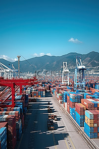 一个大型集装箱港口，从侧面看蓝天和山