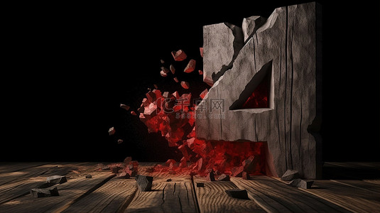 用黑色木墙裂缝 3d 渲染在破裂的地球景观中爆炸红色数字四