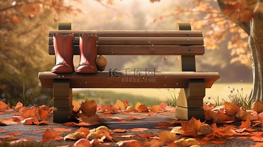 落叶黄背景图片_秋天风景中质朴的长凳上的落叶和雨靴 3D 插图与复制空间