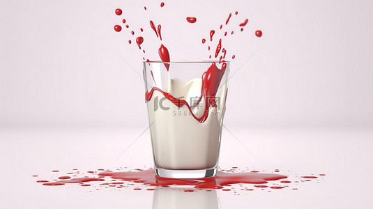 心形牛奶溅入玻璃的 3d 渲染