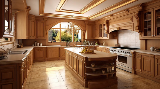 传统烹饪空间令人惊叹的室内设计与 3D 橡木纹理