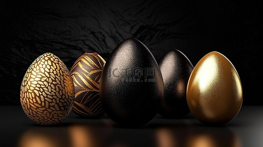金色和黑色背景上带有纹理的优雅复活节彩蛋的简约 3D 渲染