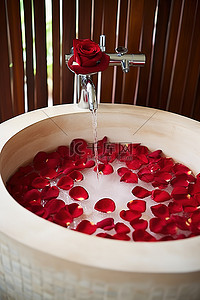 带水的花瓣背景图片_带红色花瓣的美丽心形浴室水槽