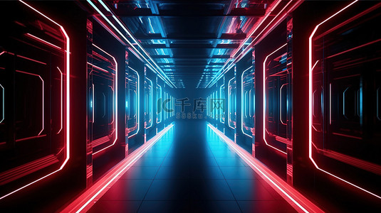 具有以白色金属 3d 呈现的红色和蓝色霓虹灯效果的科幻走廊