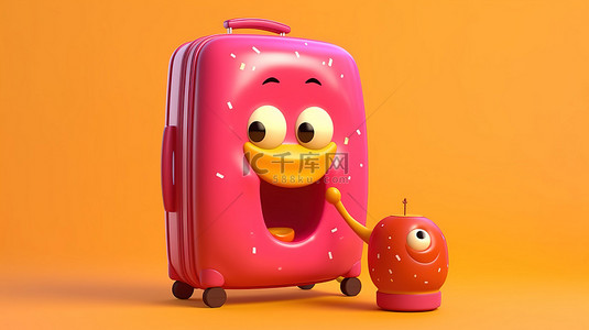 粉红色釉面甜甜圈吉祥物的 3D 渲染，带有大草莓和橙色手提箱，背景为鲜艳的黄色