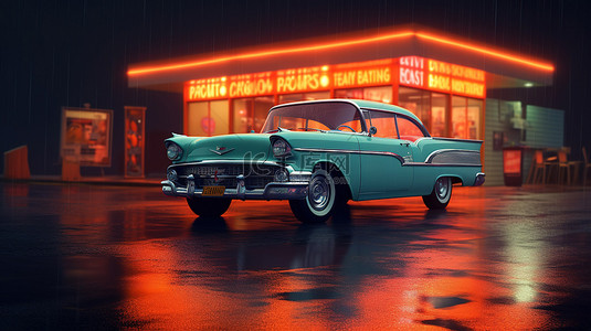 餐馆吃饭背景图片_深夜反射霓虹灯餐馆和老爷车在雾雨和彩色沥青中3D 插图