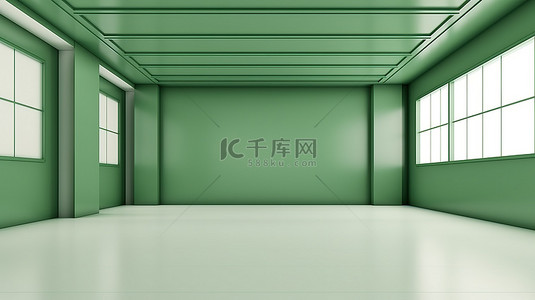 现代时尚的房间配有绿色墙壁和光滑的地板，呈现逼真的 3D 渲染图像