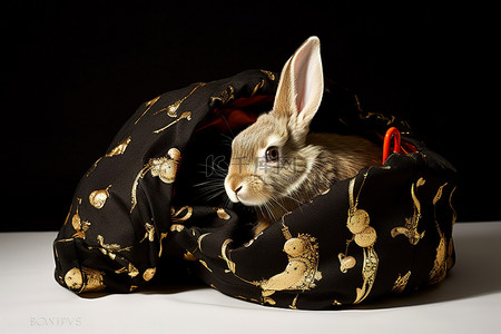 兔子睡在白色防水布上的玩具袋里