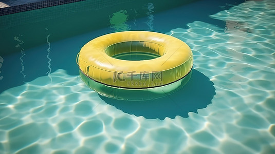 3d 渲染中带有黄色环漂浮的清爽蓝色游泳池