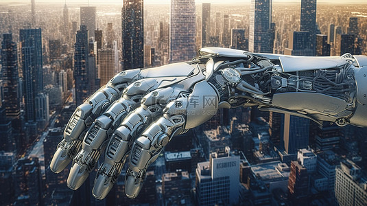 未来机器城背景图片_3D 渲染城市景观中的未来机器人手