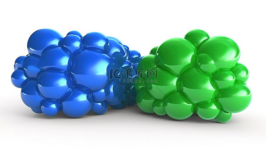 带有绿色和蓝色气泡消息的孤立白色背景的 3d 渲染