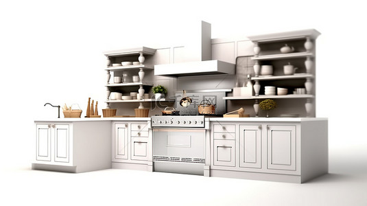 传统厨房背景图片_白色背景上 3D 渲染的传统厨房