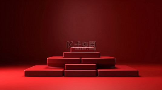 简约 3D 红色展示架，具有抽象方形背景，用于产品摄影