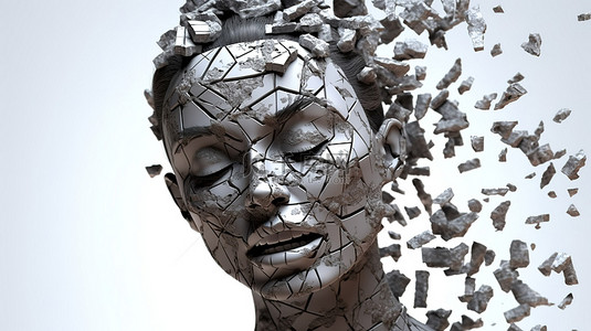 头部背景图片_象征着战胜破碎障碍的女性头部的 3D 插图