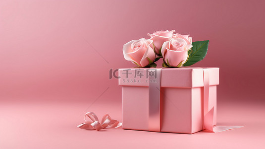 生日快乐礼物盒背景图片_玫瑰色背景上生日快乐粉红色礼盒的 3D 渲染