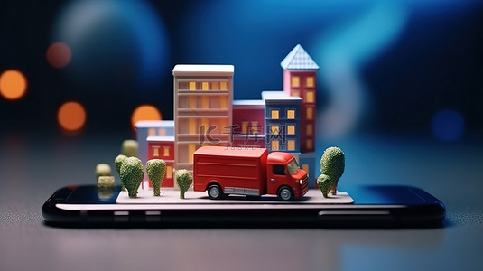 移动应用程序上卡车和摩托车送货服务的 3D 插图