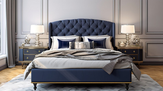家居枕头背景图片_永恒的海军蓝床，配有 3D 渲染的互补灰色枕头