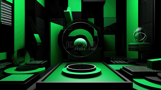 虚幻背景图片_现代虚幻构图绿色和黑色几何形状照亮 3d 渲染舞台