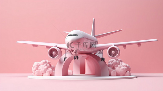 航空公司背景图片_跑道上一架粉红色飞机的 3D 渲染，背景柔和