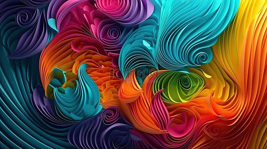 波浪状的背景图片_充满活力的剪纸艺术设计在 3d 渲染多彩抽象背景