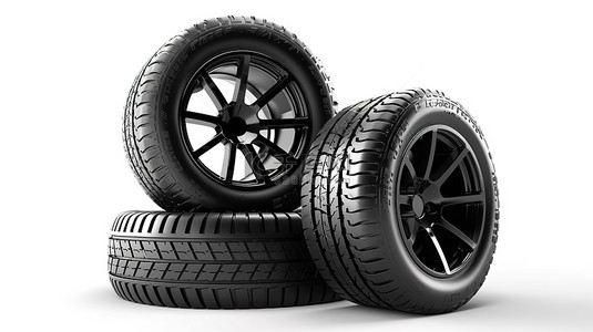 合金轮毂和黑色轮胎堆叠在白色背景下的 3D 渲染中