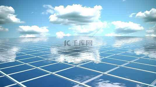 阿胶产业背景图片_3D 渲染光伏板反射蓝天太阳能概念