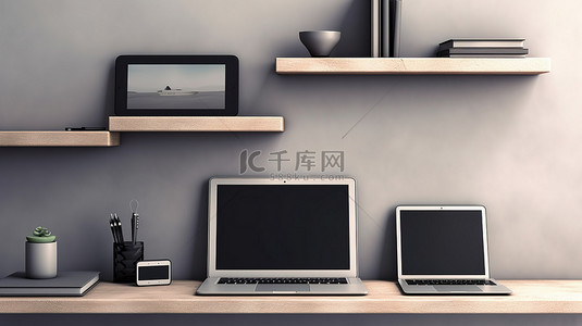 方形背景下灰色墙架上放置的笔记本电脑手机和平板电脑的 3D 插图
