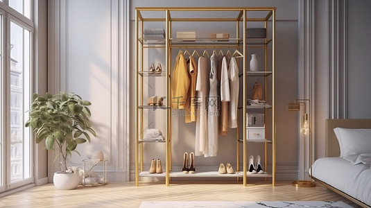 迷人的微型衣柜旁边是透明的隔板和华丽的金色架子 3D 渲染
