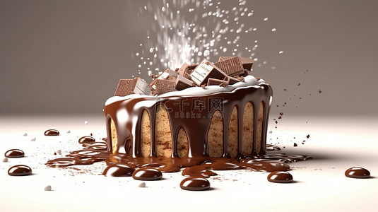 颓废的巧克力奶油派与豪华的可可细雨 3D 渲染