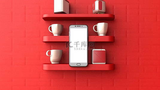科技办公室背景图片_红墙架背景上放置手机的水平横幅的 3D 插图