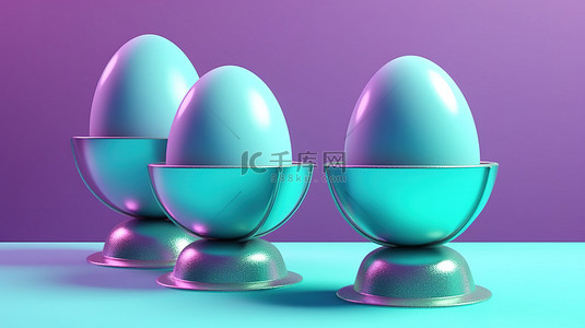 令人惊叹的复活节在薄荷色和蓝色 3d 背景上展示闪亮的讲台和紫色鸡蛋