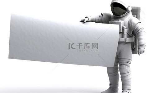 白色背景上 3D 渲染中带有空白白色横幅的宇航员