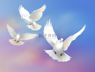 和平的家园背景图片_五只飞翔的鸽子在白色的天空中漂浮