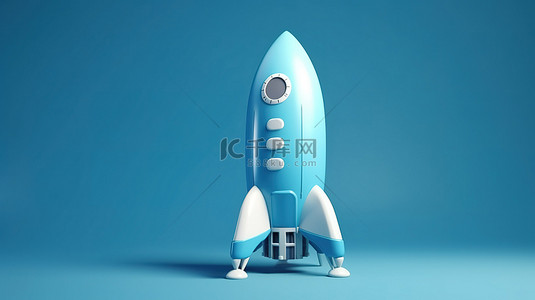 app扫码进入背景图片_卡通宇宙飞船在蓝色 3D 渲染背景下进入商业成功