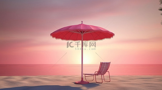 夕阳海洋背景背景图片_粉红色夕阳天空下棕榈树剪影沙滩椅和雨伞的 3D 渲染