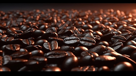 深色背景的 3D 渲染中烘焙丰富的咖啡豆