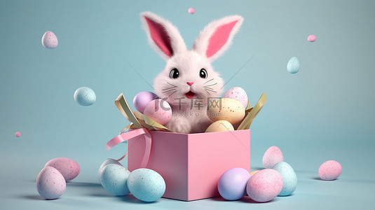令人愉快的复活节场景可爱的卡通作品，在柔和的背景 3d 插图上有兔子耳朵画鸡蛋和一个打开的礼品盒